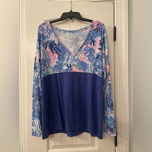 Lilly Pulitzer Finn Long-sleeve V Neck Top Sz XL, Blue Shade Seekers